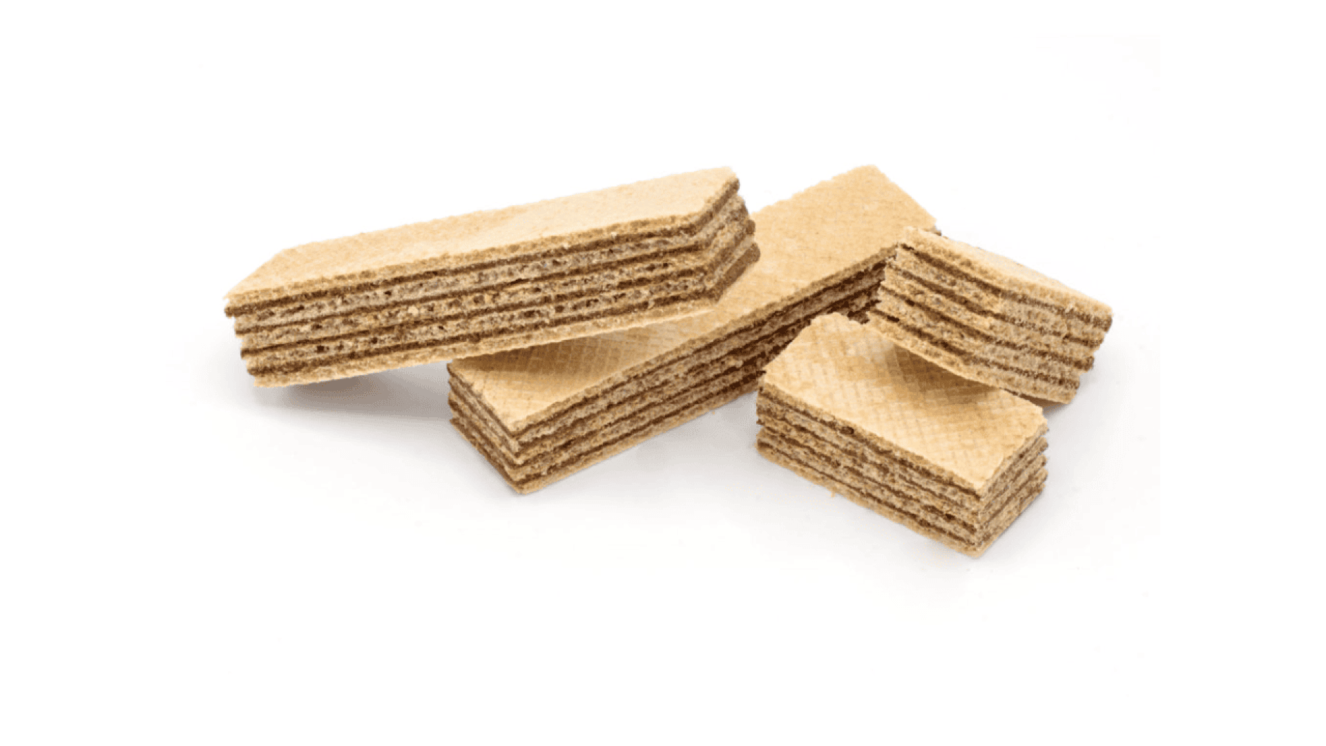 Rectangular vanilla wafer cookies stacked and arranged on a white background, showing their layered, crispy texture.