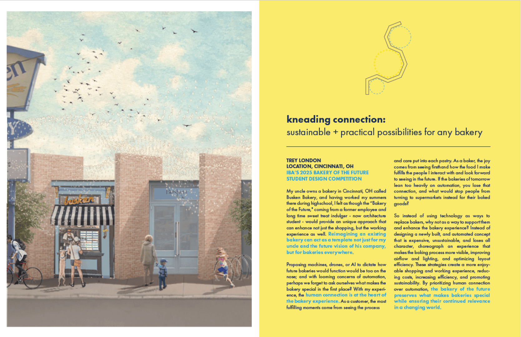 A digital illustration of a bakery exterior with people and a dog outside is on the left. On the right, yellow text and a winding line describe a sustainable bakery design called kneading connection.