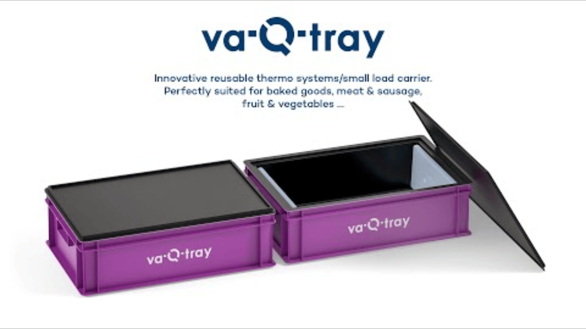 Two purple va-Q-tray insulated containers, one open and one closed, with black lids; designed for transporting baked goods, meat, sausage, fruit, and vegetables. Text above describes their features.