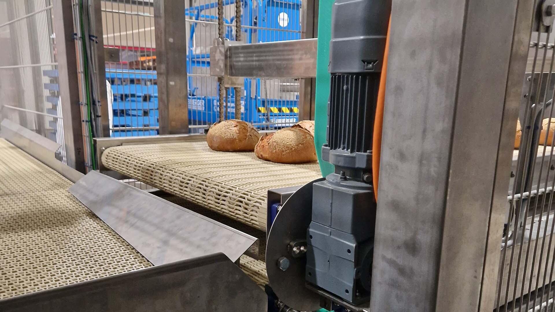 Zwei runde Brotlaibe bewegen sich auf einem Förderband in einer industriellen Bäckerei, umgeben von Metallmaschinen und Sicherheitsbarrieren.