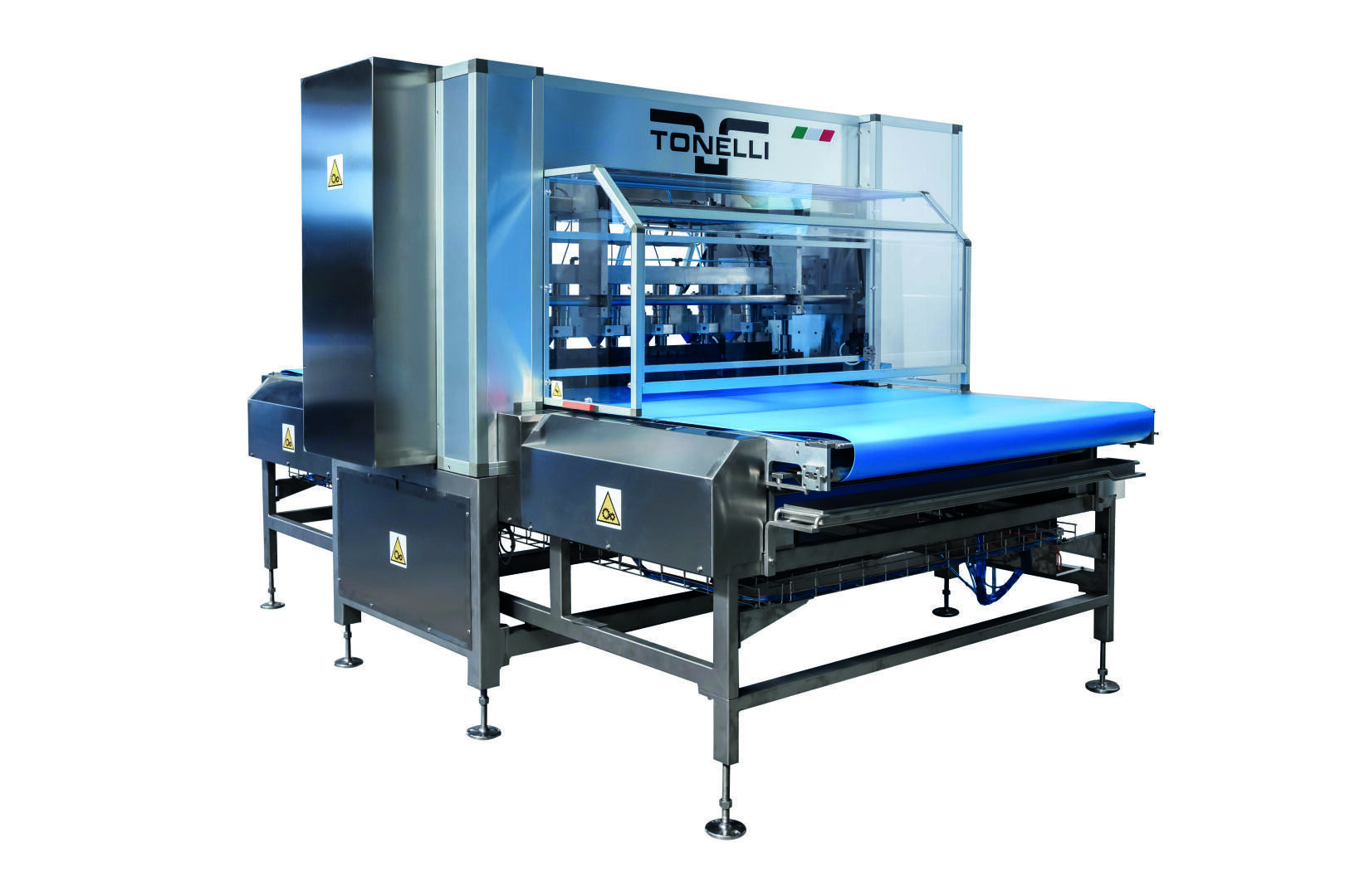 A large, industrial food processing machine with a blue conveyor belt and clear protective panels, labeled “Tonelli,” designed for automated production or assembly line use.