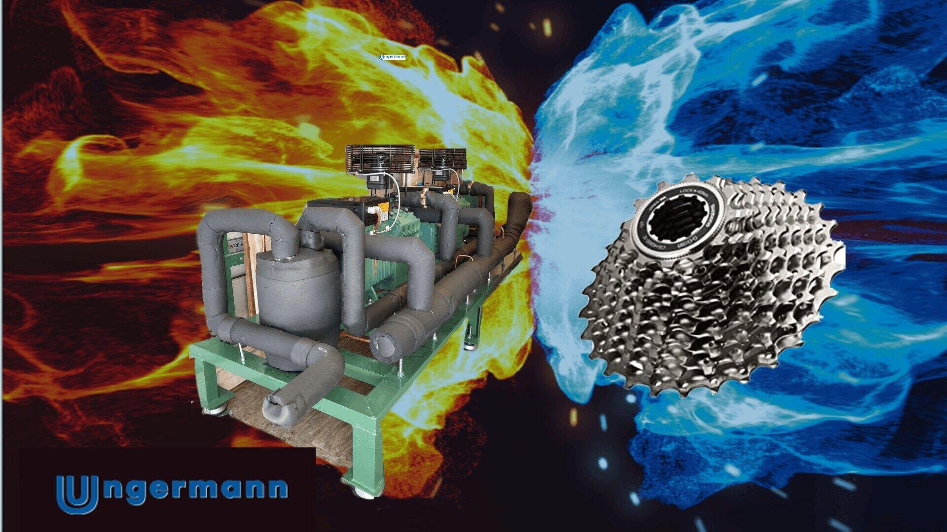 Zwischen dynamischen Flammen- und Eisausbrüchen sind Industriemaschinen zu sehen, in deren Nähe ein großes Metallgetriebe steht. Das Ungermann-Logo erscheint in der unteren linken Ecke. Die Szene suggeriert ein Thema von Hitze und Kälte.