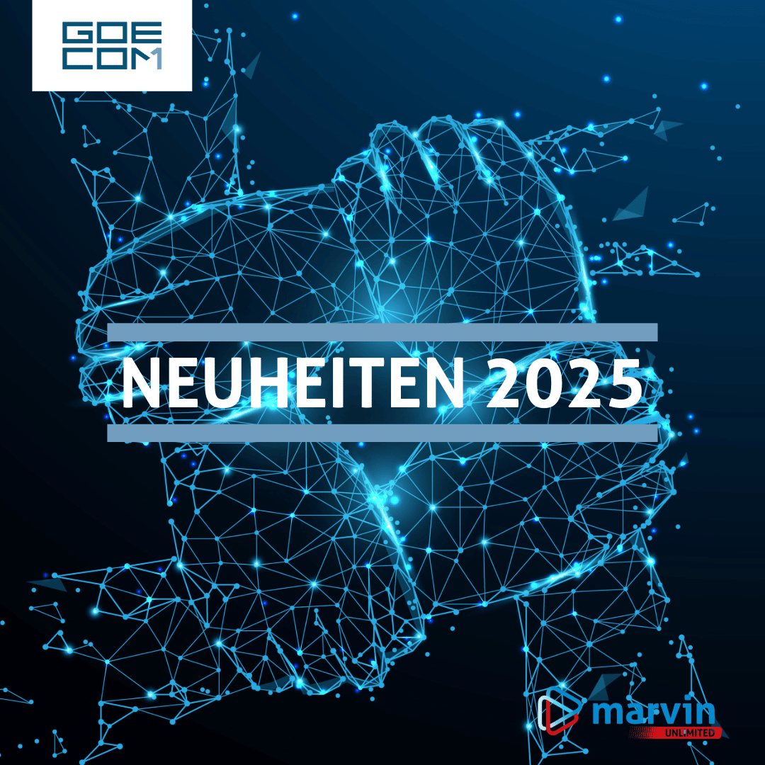 Digital illustration of four hands made of blue glowing lines joining together, forming a square. The text NEUHEITEN 2025 appears in the center. Logos for GOECOM and marvin are displayed in the corners.