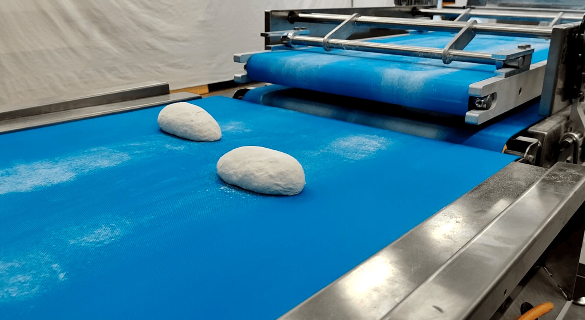 Two pieces of raw dough rest on a blue conveyor belt inside an industrial bread-making machine, ready to be processed.