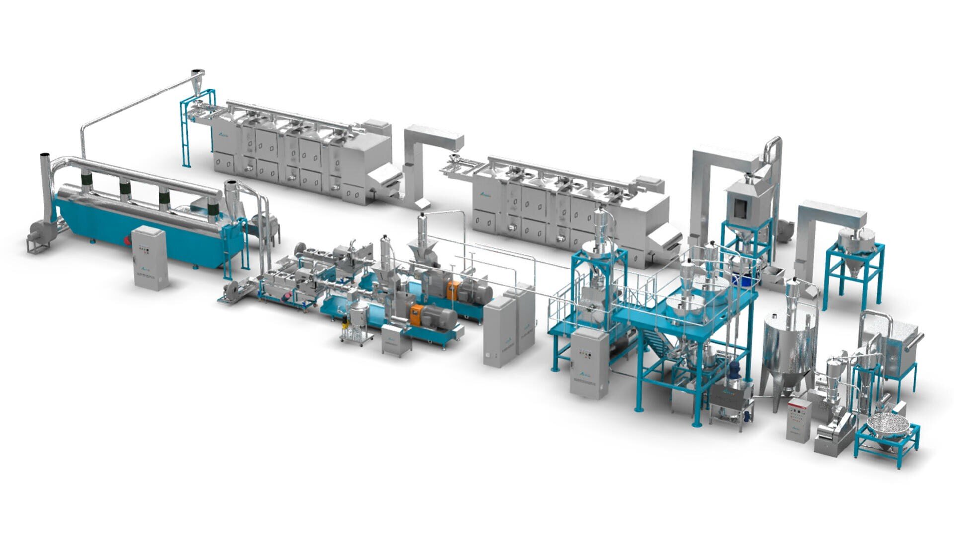 Large industrial food processing line with various interconnected stainless steel machines, conveyor belts, mixing tanks, control panels, and elevated platforms, all set up for automated production in a factory setting.