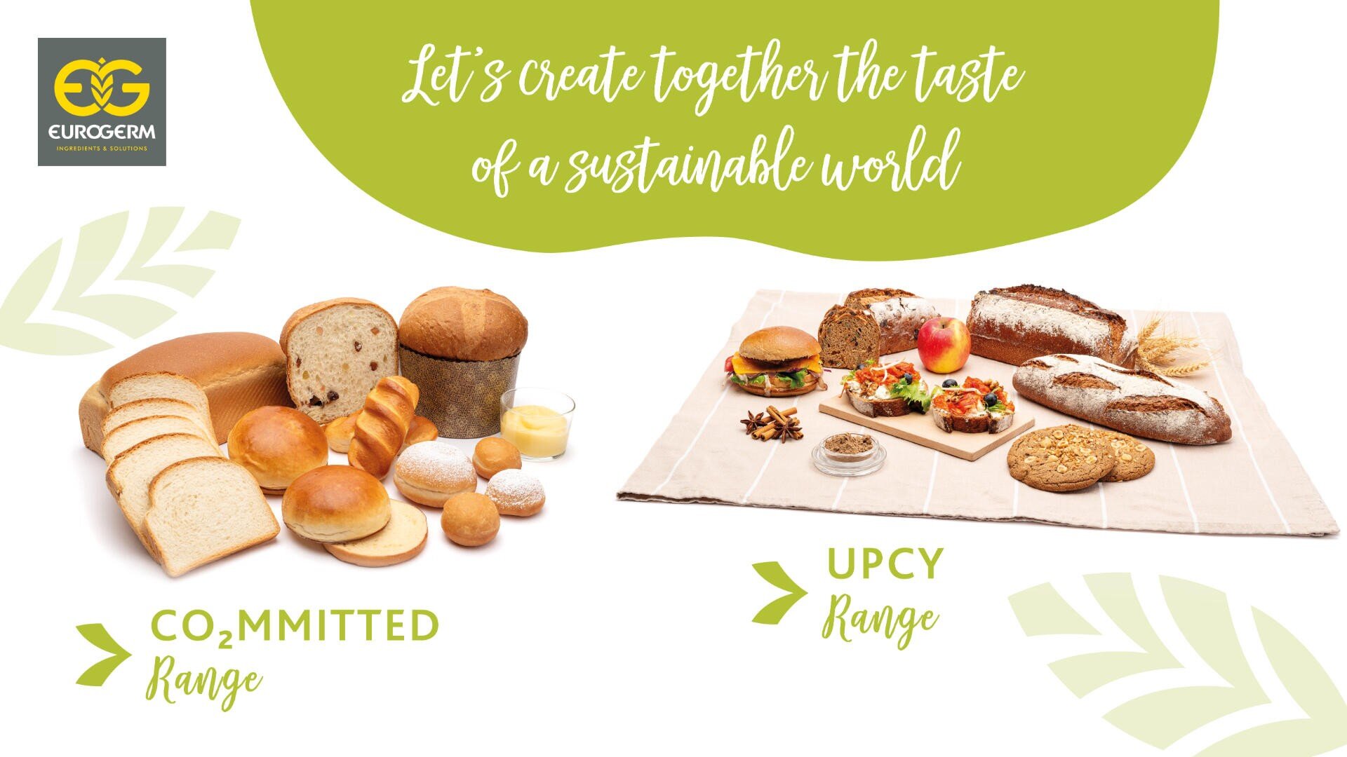 Image showing two groups of bread products. On the left, the CO2mmitted Range features various loaves and rolls. On the right, the UPCY Range displays sandwiches, toast, and bread on a picnic cloth. Text promotes sustainability.
