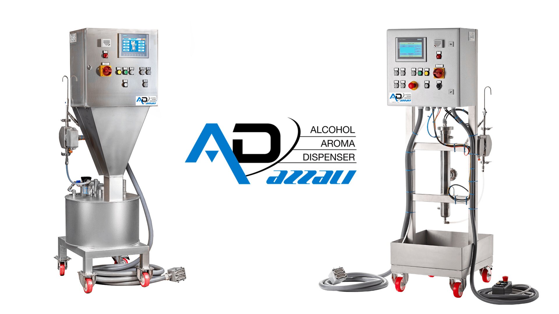 Two stainless steel industrial aroma dispensers with control panels and tubes, positioned on red caster wheels. In the center, a blue and black AD Azzau logo with the words Alcohol Aroma Dispenser.