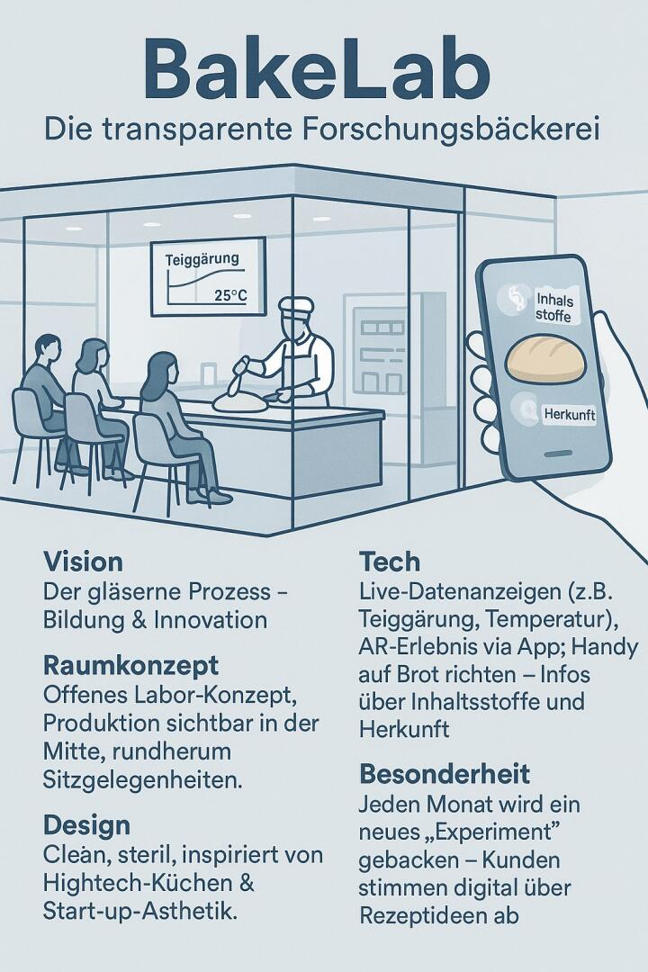 An illustrated poster for BakeLab, a transparent research bakery. Shows a lab with people working, a phone showing ingredient info, and text about vision, space concept, tech, and features in German.