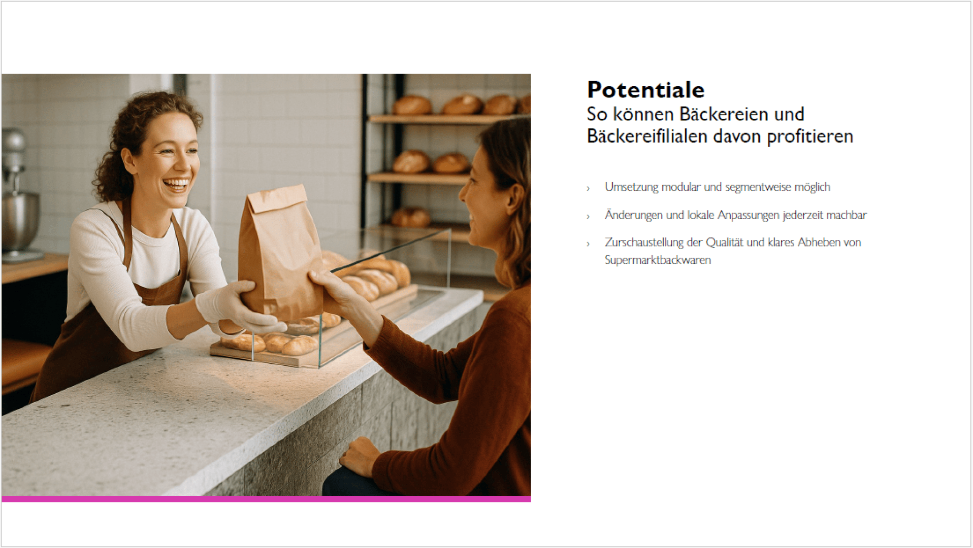 A smiling bakery employee hands a paper bag to a customer across a counter with bread on display; text on the right describes potential benefits for bakeries in German.