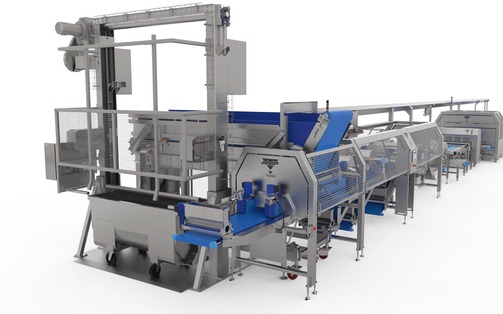 A large industrial food processing machine with conveyors, metal frames, and protective mesh panels, designed for automated sorting or packaging in a factory setting.