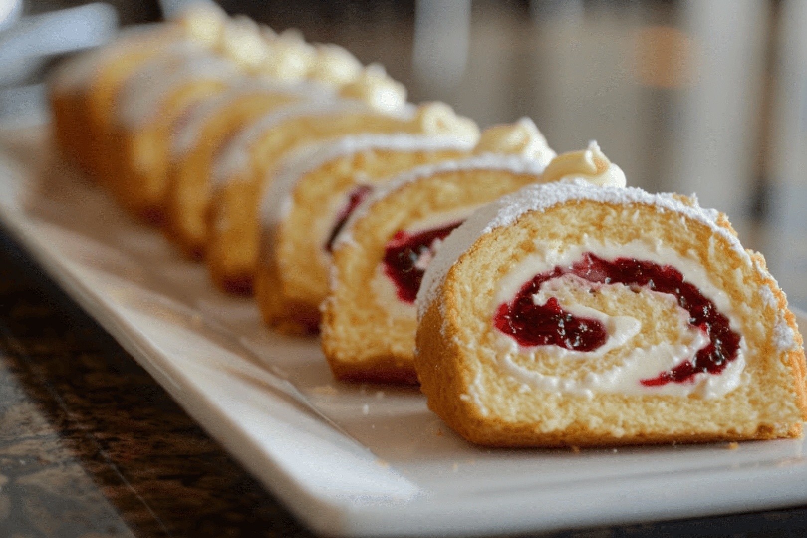 Eine Nahaufnahme von in Scheiben geschnittenem Schweizer Rollkuchen mit cremiger weißer Füllung und einem Strudel aus roter Fruchtmarmelade, ordentlich auf einem rechteckigen weißen Teller angeordnet.