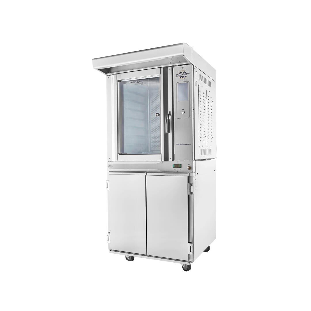 Commercial convection oven made of stainless steel with glass door, control panel on the right-hand side and two-door storage compartment underneath, against a white background.