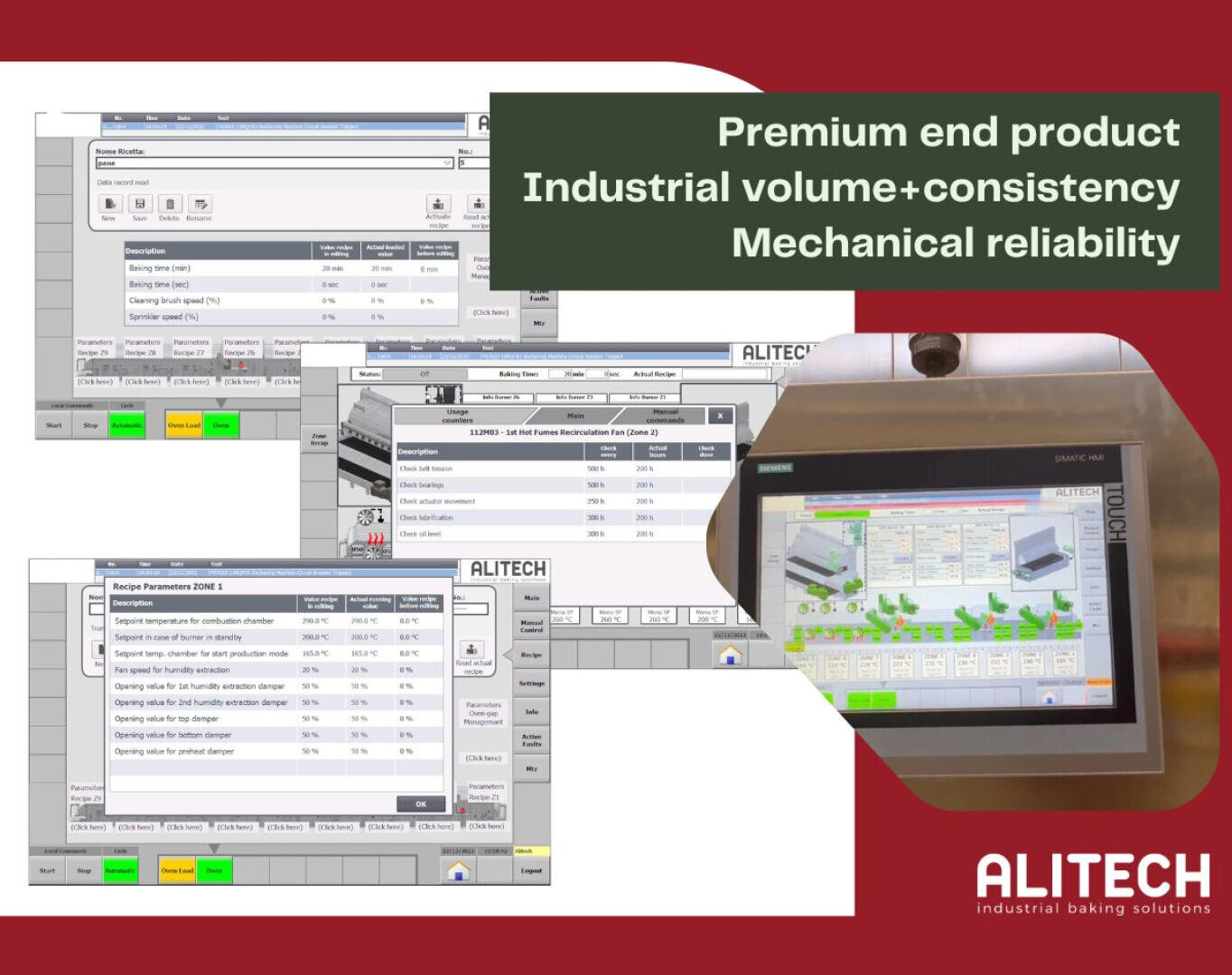 Screenshots of industrial software interfaces for baking solutions are overlapped, with text: Premium end product, Industrial volume+consistency, Mechanical reliability. ALITECH logo appears at the bottom right.