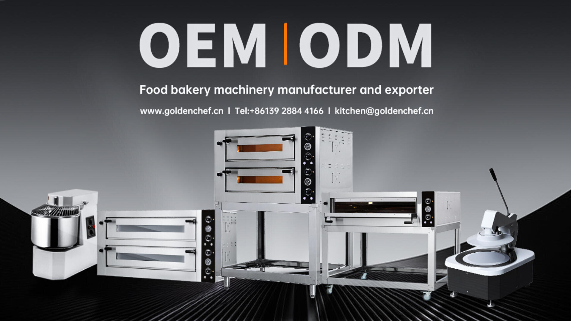 A promotional image featuring various stainless steel bakery machines, including ovens, mixers, and dough equipment, with the text OEM | ODM Food bakery machinery manufacturer and exporter and contact information above.