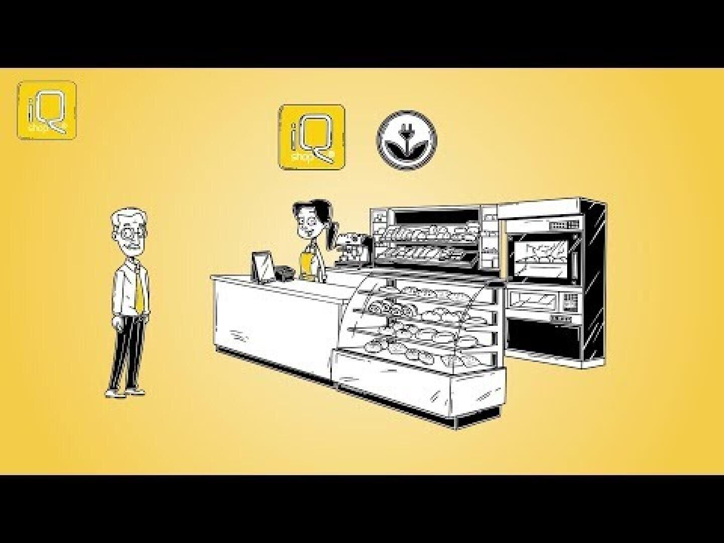 Illustration of a bakery counter with a cashier standing behind the register and a customer in front. Shelves behind the counter display various baked goods. The background is yellow with icons and a bakery symbol above.