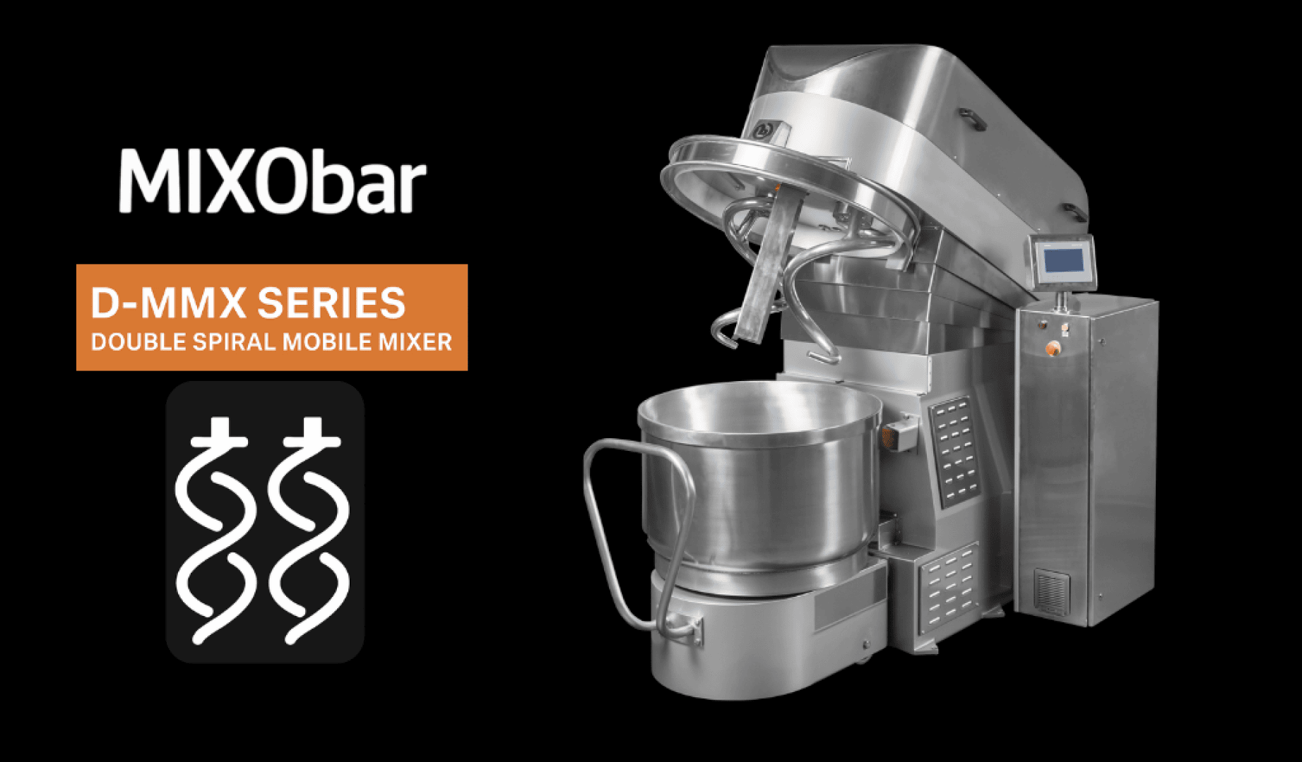 Ein mobiler Industrie-Doppelspiralmischer aus Edelstahl mit Bedienfeld und der Aufschrift „MIX0bar D-MMX Series Double Spiral Mobile Mixer“ ist auf schwarzem Hintergrund mit einem Spiralmischersymbol abgebildet.