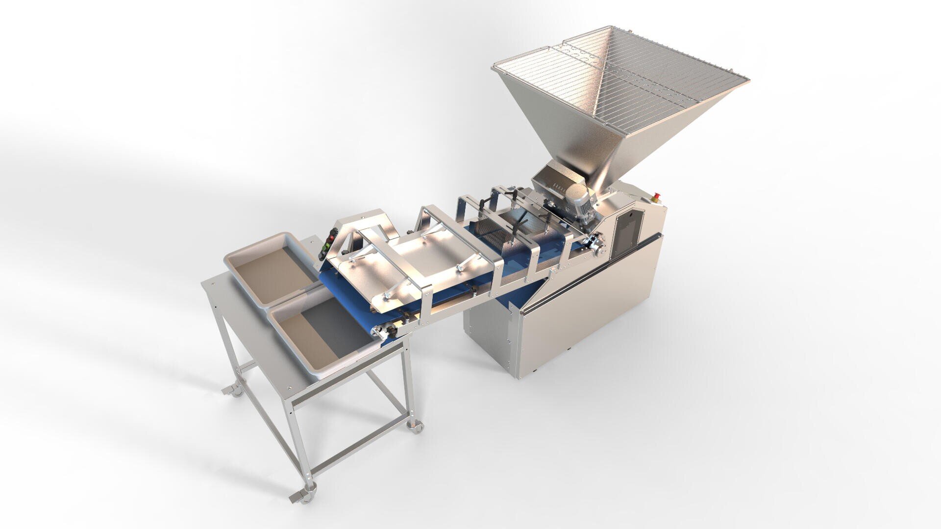 A stainless steel industrial food processing machine with a large hopper, conveyor belts, and trays on a stand, designed for automated production and sorting of food items.