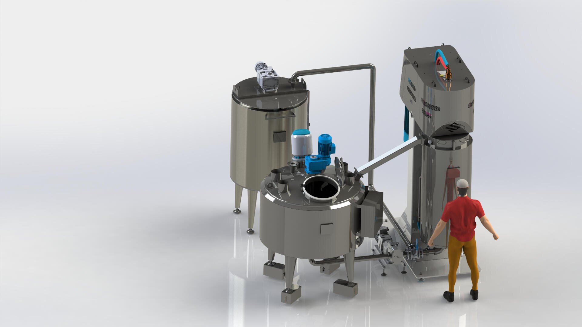 Eine Person bedient ein industrielles Verarbeitungssystem mit drei großen Edelstahltanks, die durch Rohre, Steuereinheiten und Motoren verbunden sind, vor einem sauberen, weißen Hintergrund.