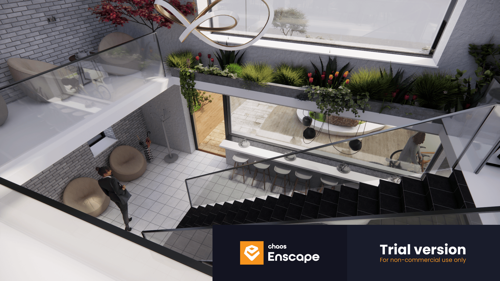 Ein moderner, sonnendurchfluteter Innenraum mit Glasgeländer, schwarzer Treppe, Zimmerpflanzen und einer Person, die neben beigen Stühlen steht. Große Fenster blicken auf eine Terrasse. Das Wasserzeichen der Chaos Enscape-Testversion ist sichtbar.