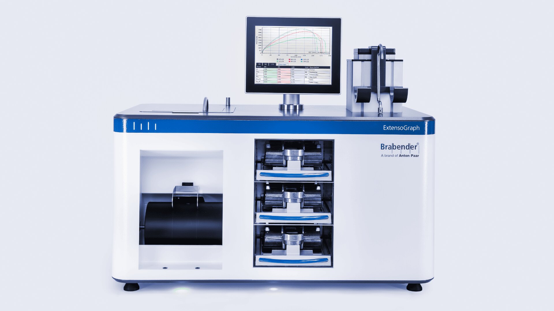Ein Laborgerät namens Brabender ExtensoGraph mit einem Monitor, auf dem ein Diagramm angezeigt wird, mehreren Schubladen und verschiedenen Komponenten, die für die Prüfung der Teigeigenschaften verwendet werden.