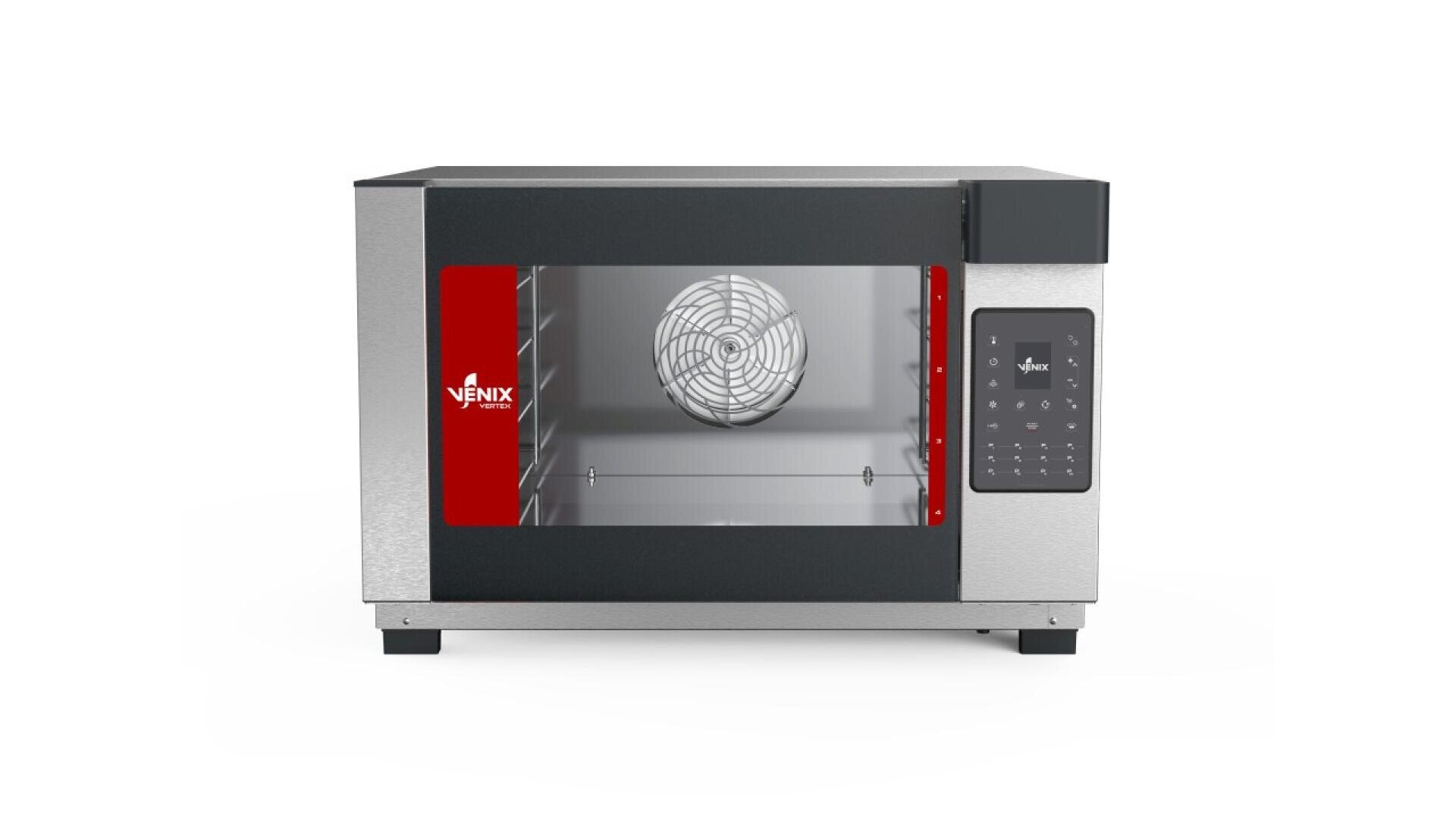 Ein Konvektionsbackofen aus Edelstahl mit einer rot akzentuierten Glastür, einem Innenlüfter und einem digitalen Bedienfeld auf der rechten Seite, das Tasten und einen Bildschirm enthält. Die Marke Venix ist auf der Tür sichtbar.
