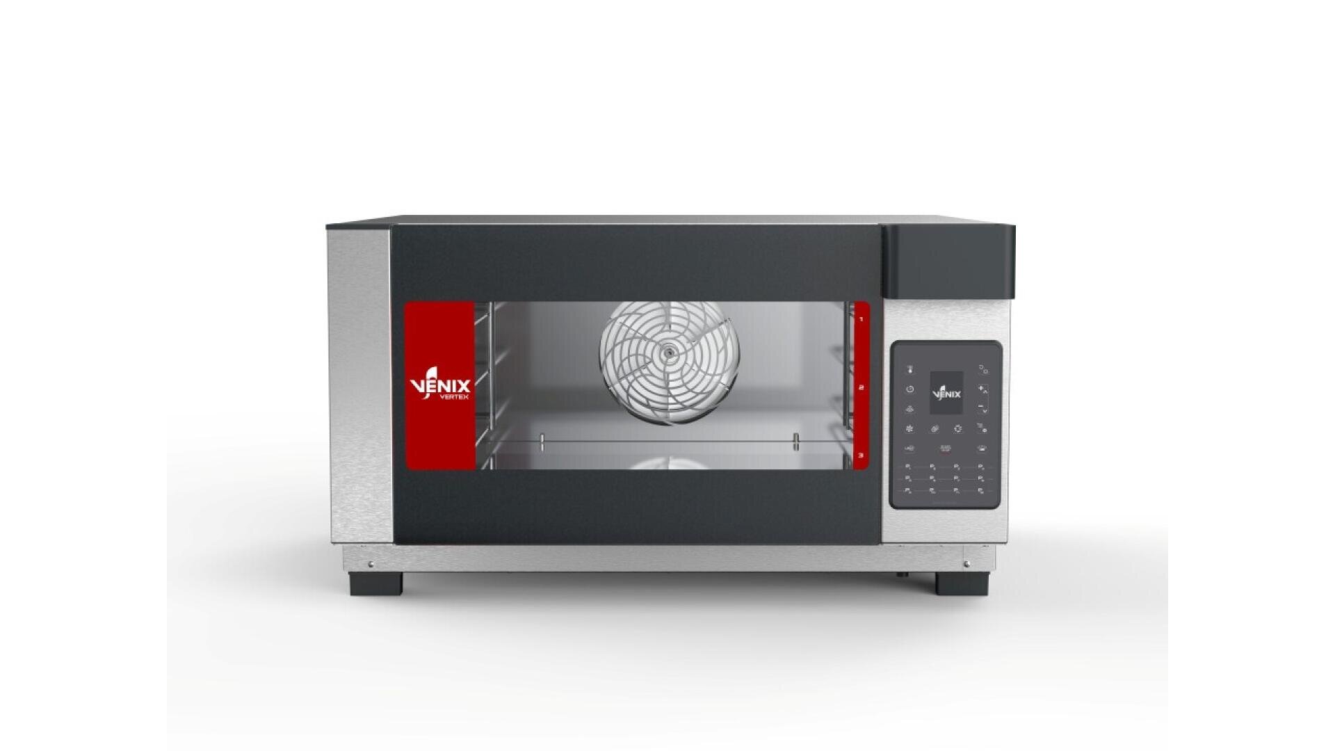 Ein Konvektionsbackofen aus Edelstahl mit Glastür, digitalem Bedienfeld und sichtbarem Innenlüfter. Der Ofen trägt den Markennamen Venix auf der Vorderseite.