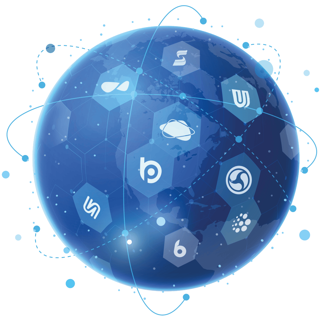 A digital illustration of a blue globe with hexagonal icons featuring various blockchain and cryptocurrency logos, surrounded by dotted orbit lines and glowing blue accents.