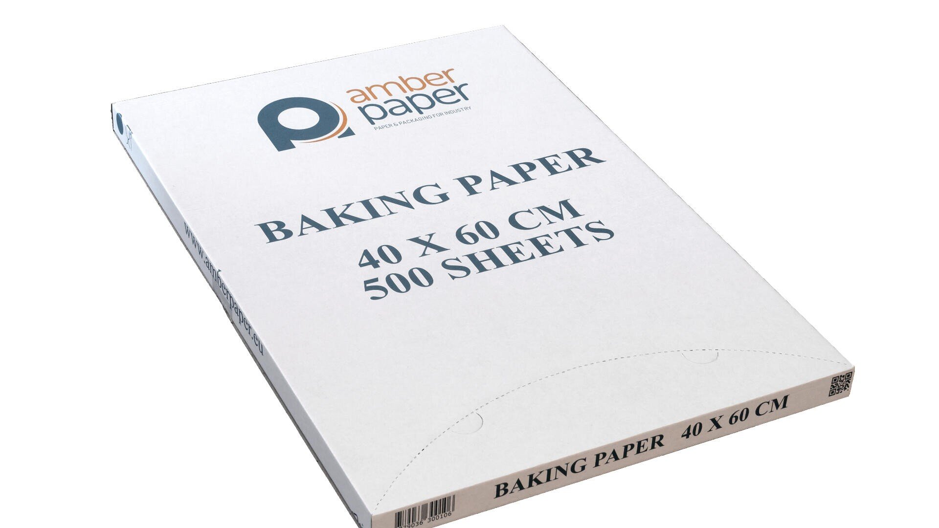 A white box labeled amber paper contains baking paper, 40 x 60 cm, 500 sheets. The box is mostly white with large blue text and a logo in the upper left corner.