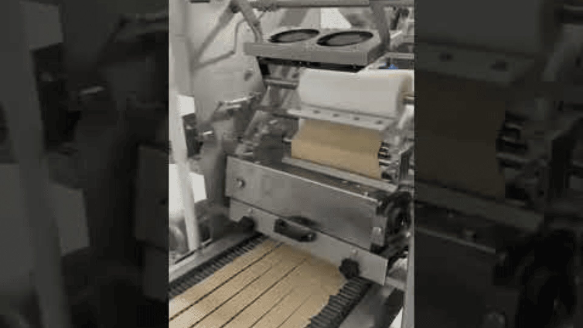 A machine in a factory cuts sheets of dough and places them in neat rows on a conveyor belt to prepare them for further processing or baking.