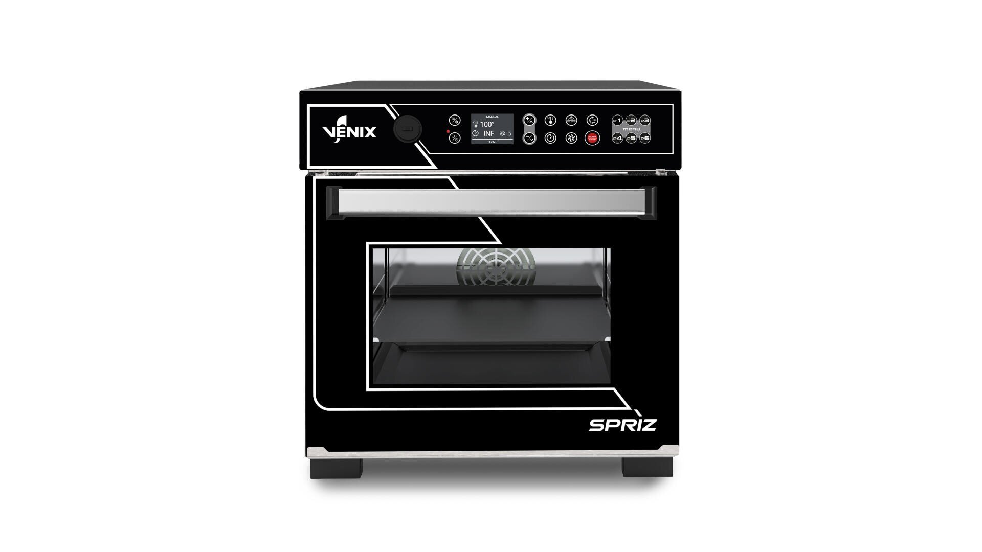 Black and silver countertop oven with digital controls and display panel on top, labeled “Yenix” and “Spriz.” Oven door has a large window showing interior racks and a convection fan.