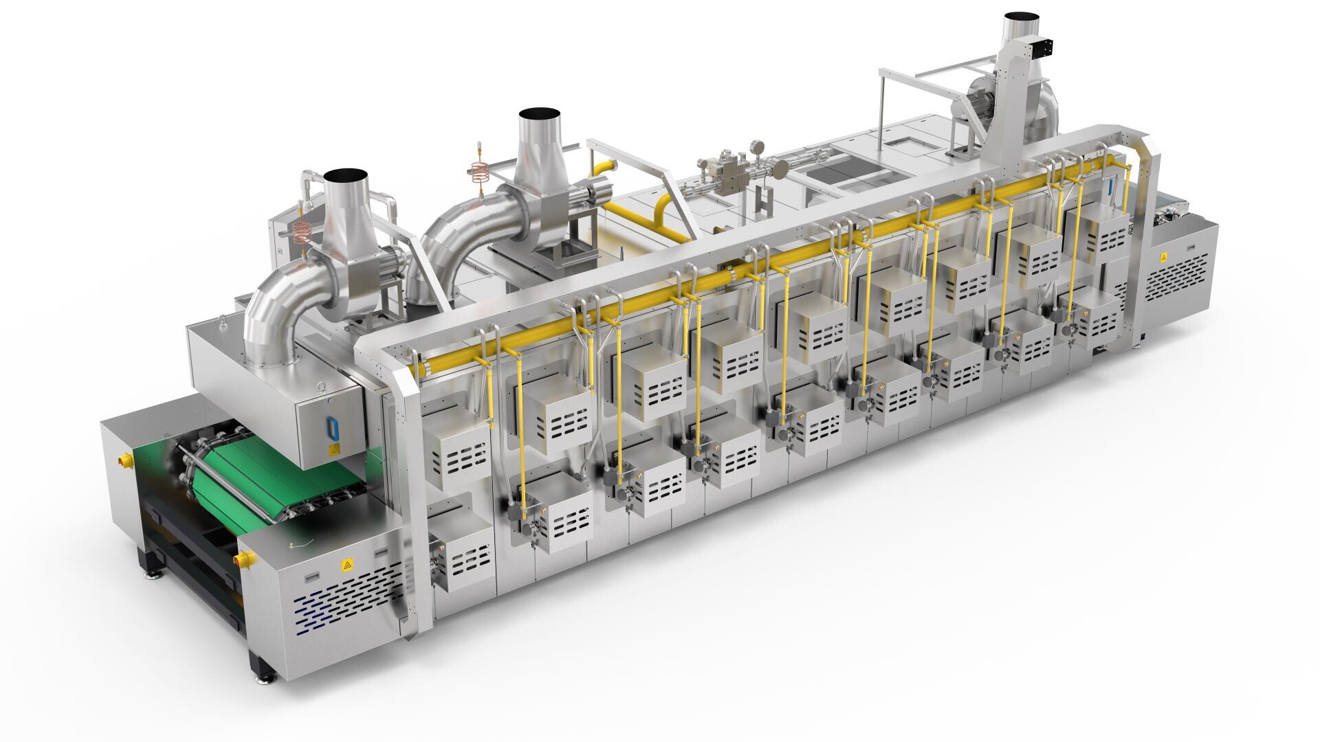 Große industrielle Lebensmittelverarbeitungsmaschine mit Förderband, mehreren Edelstahlfächern, Rohren und Lüftungskanälen, konzipiert für das automatisierte Kochen oder Trocknen von Lebensmitteln in einer Fabrik.