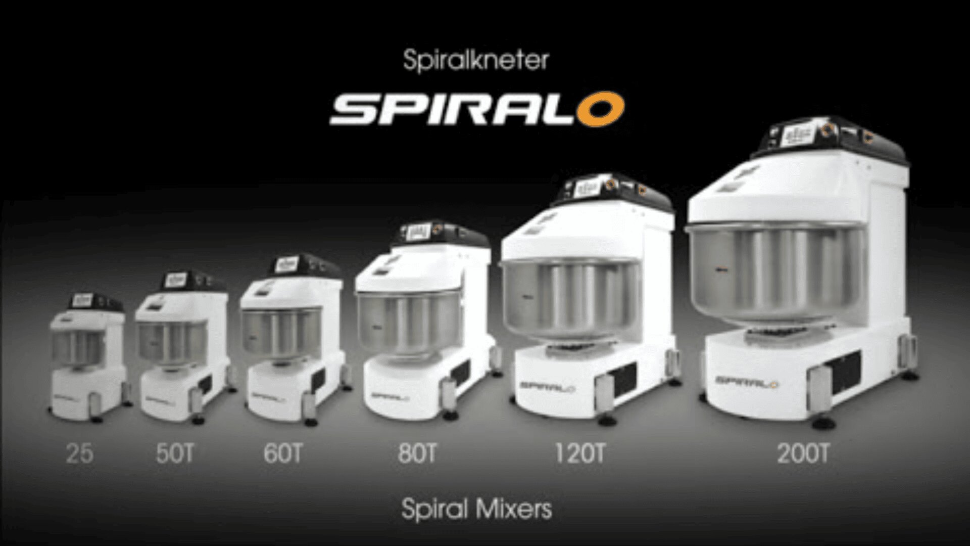 Six white industrial spiral mixers of varying sizes are displayed in a row from smallest to largest, labeled 25, 50T, 60T, 80T, 120T, and 200T. The word “SPIRALO” appears above them.