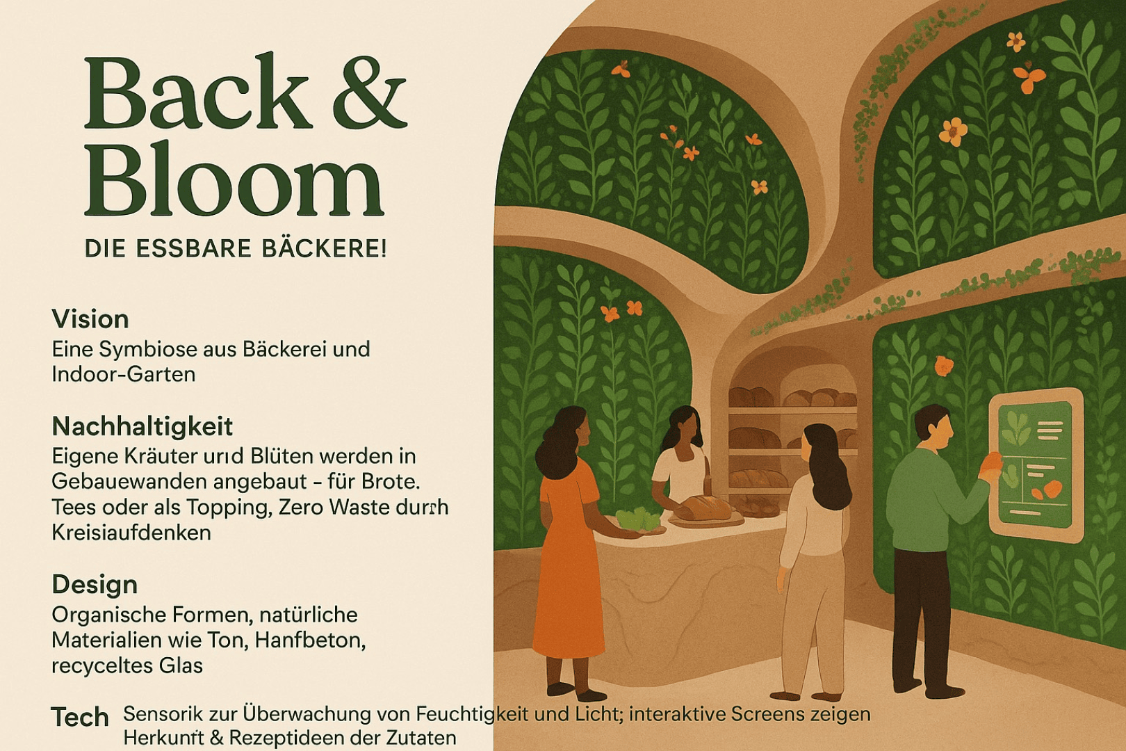 Eine illustrierte Bäckerei mit grünen, pflanzengefüllten Wänden, Menschen, die Brot auswählen, und einem Text, der die Vision, Nachhaltigkeit, das Design und die technischen Merkmale von Back & Bloom beschreibt und essbare Gärten und umweltfreundliche Praktiken hervorhebt.