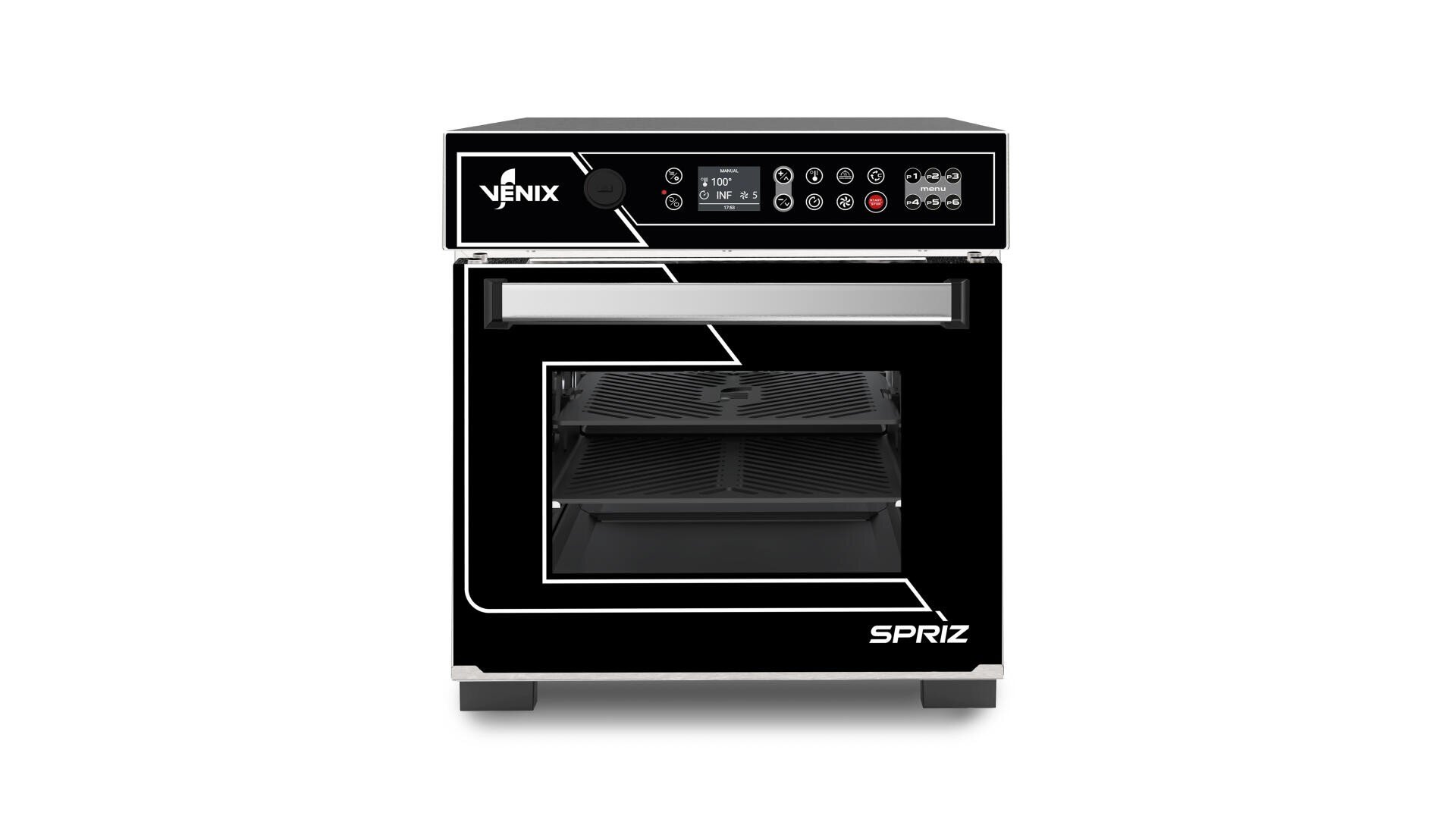 Black and silver commercial oven with digital controls and display panel on top, labeled VENIX and SPRIZ, featuring a large front glass door and multiple interior racks.