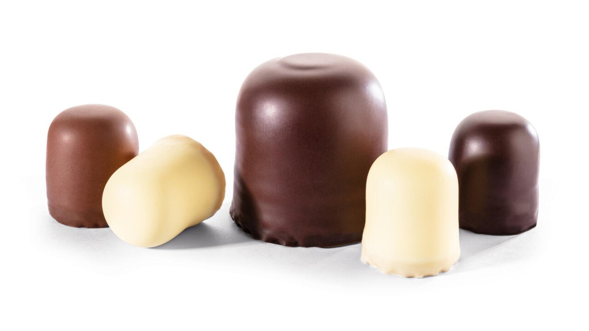 Five chocolate-covered marshmallow treats of different sizes and coatings (dark, milk, and white chocolate) are arranged on a white surface with a white background.