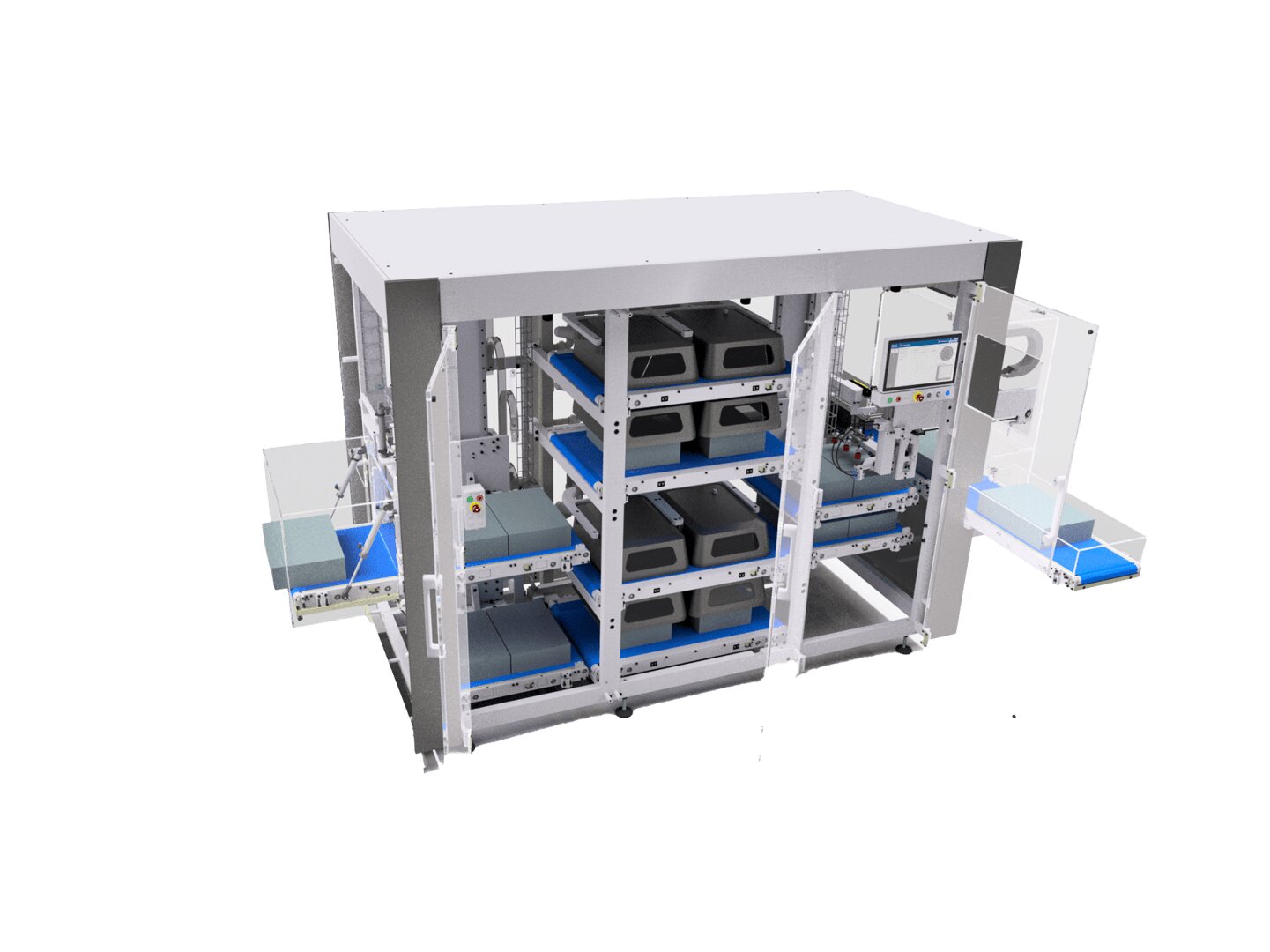 Eine große, automatisierte Industriemaschine mit mehreren Regalen, Förderbändern, Behältern und einem Touchscreen zur Steuerung. Das System scheint für die Verarbeitung, Sortierung oder Verpackung von Artikeln konzipiert zu sein. Der Hintergrund ist einfarbig weiß.