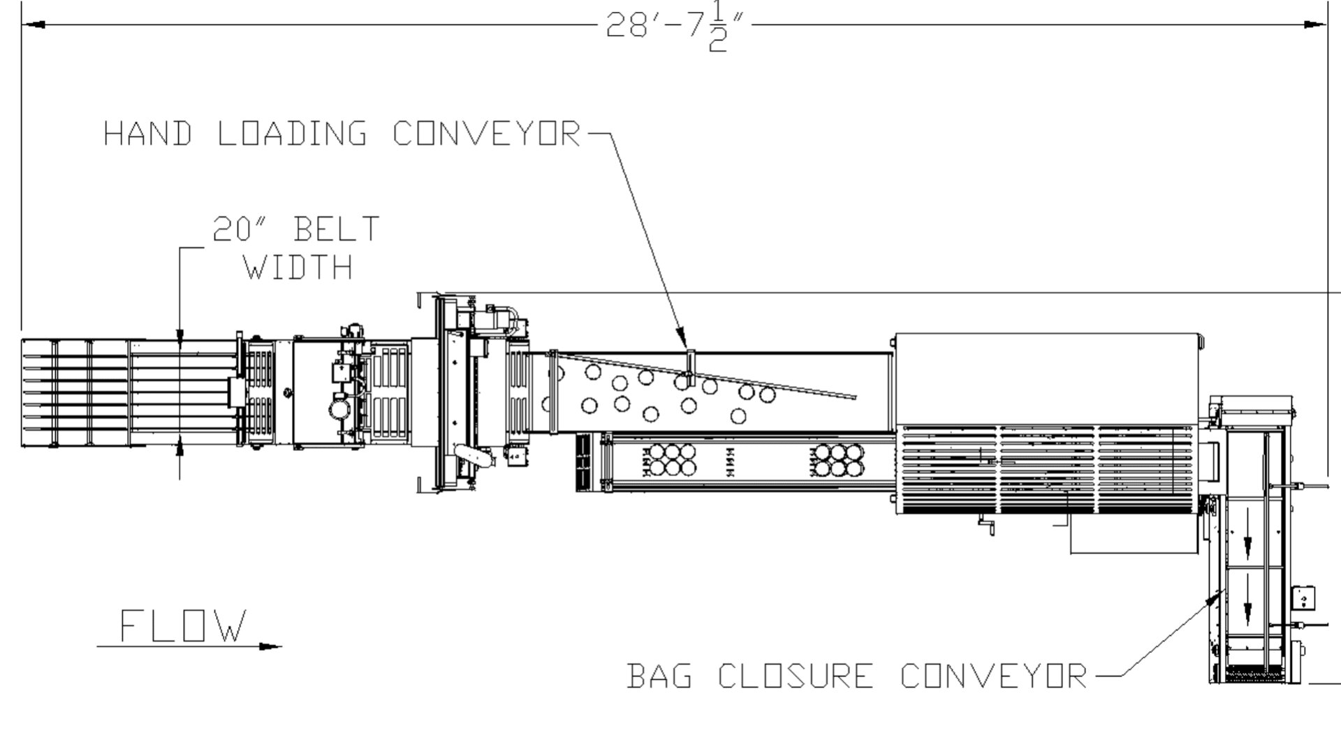Technische Zeichnung eines Fördersystems mit beschrifteten Teilen: ein "Handladeband" mit einer Gurtbreite von 20 Zoll und ein "Sackverschlussband" mit Pfeilen, die die Fließrichtung angeben. Die Gesamtlänge beträgt 28 Fuß und 7,5 Zoll.