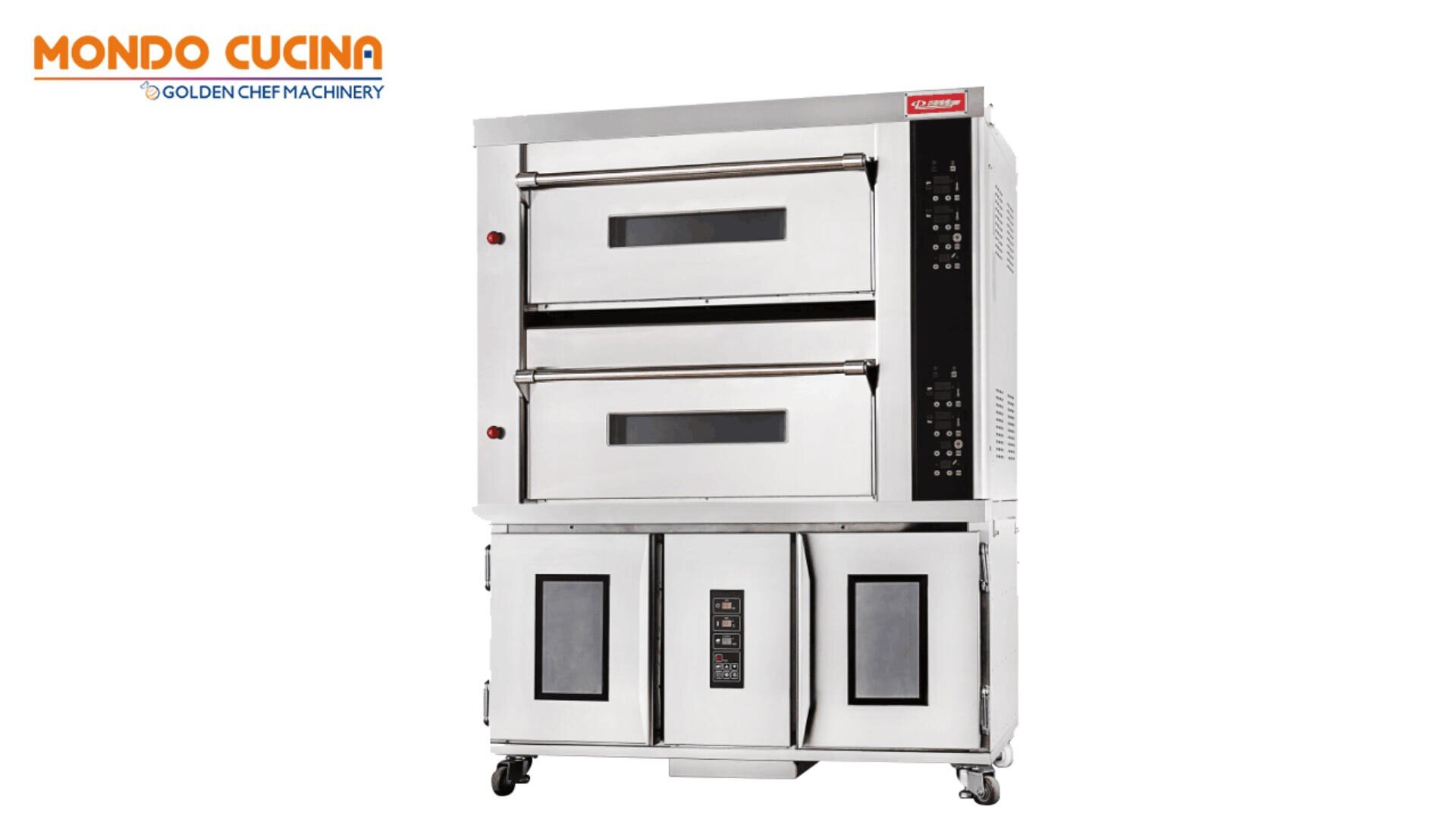 A large, stainless steel commercial oven with two stacked baking compartments and control panels on the right side, branded MONDO CUCINA by Golden Chef Machinery, on wheels for mobility.