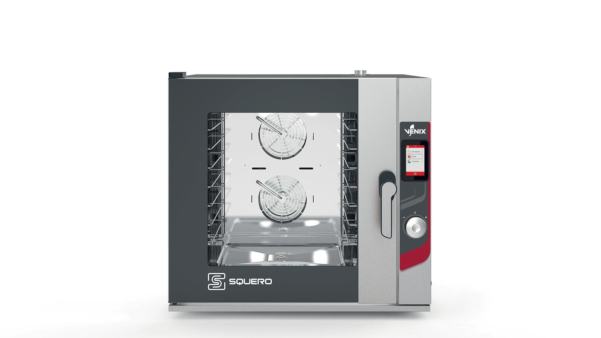 A commercial convection oven with a glass door, digital display, control panel, and stainless steel finish. Two fans and tray racks are visible inside the oven. The brand Squeero is on the front.