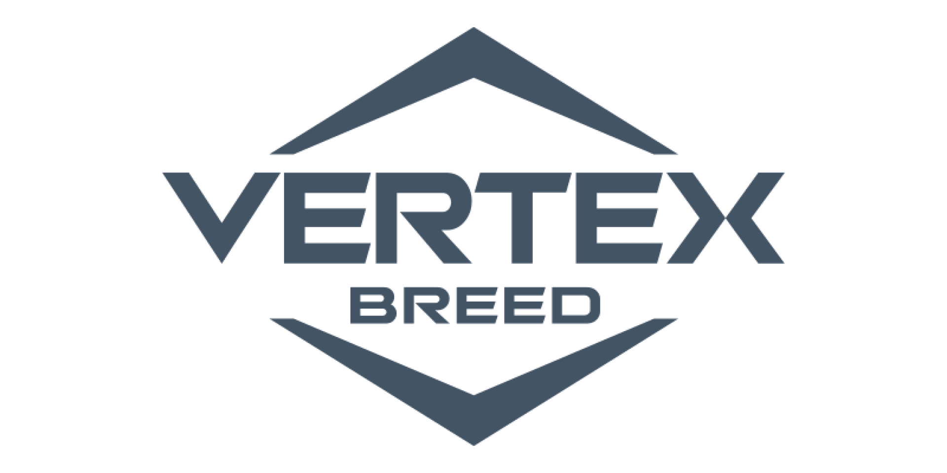 Logo with the word VERTEX in bold, uppercase letters above the word BREED, both enclosed by two thick angular lines forming a diamond shape. The design is in a dark blue color on a transparent background.