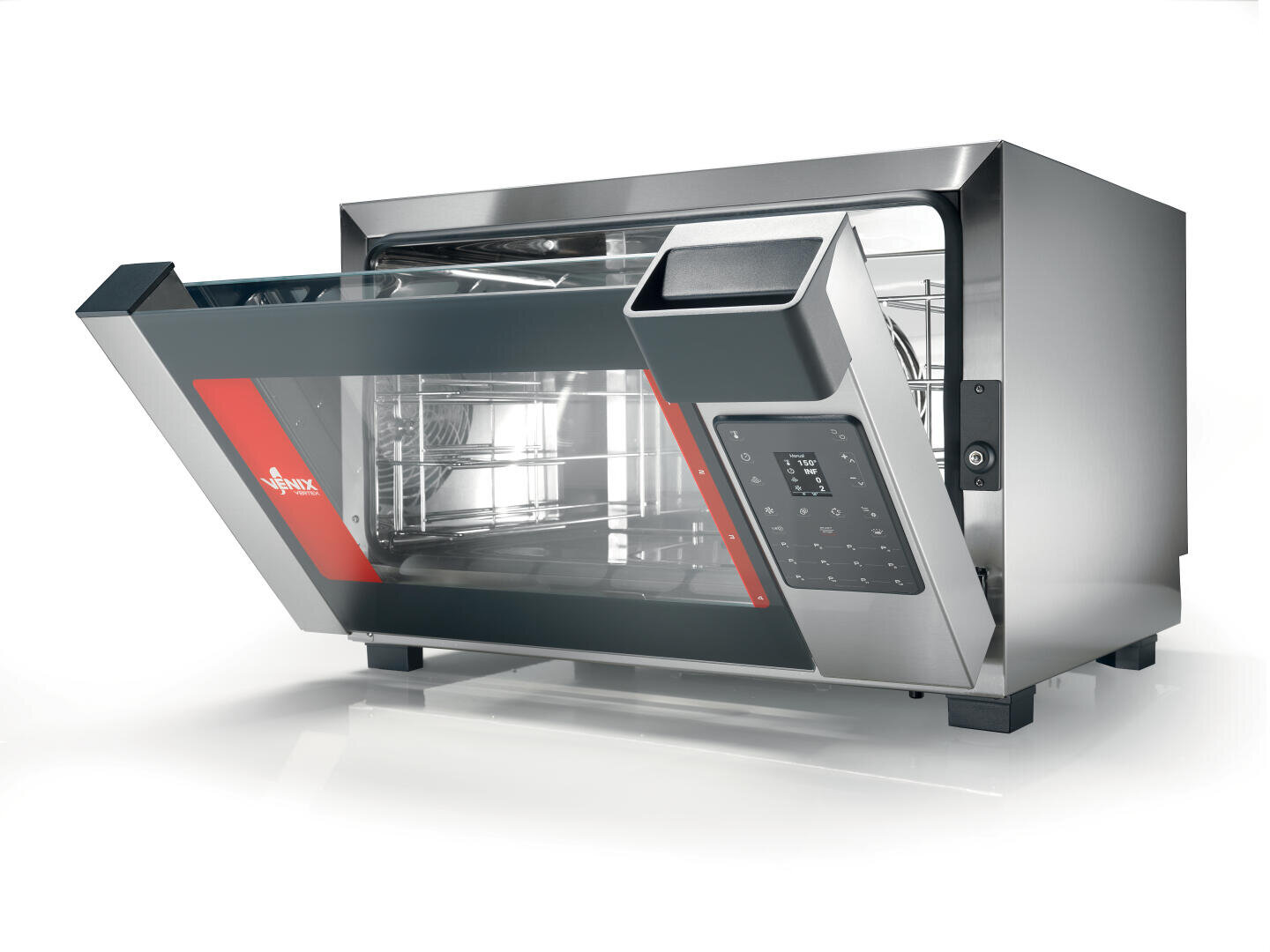 A modern stainless steel countertop oven with a digital control panel and a partially open glass door, showing the interior racks and trays.