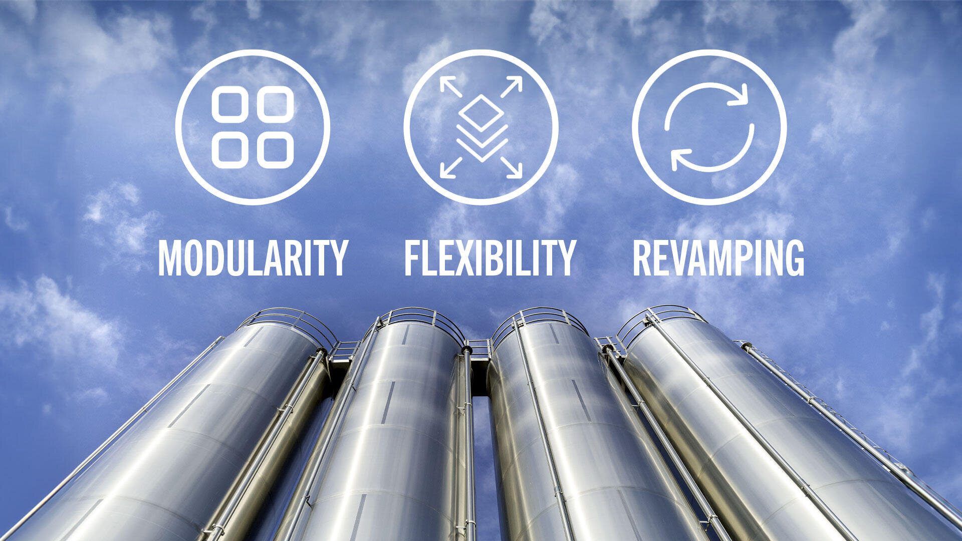 Four tall, metallic industrial silos against a blue sky. Above them are icons and the words: Modularity, Flexibility, and Revamping.