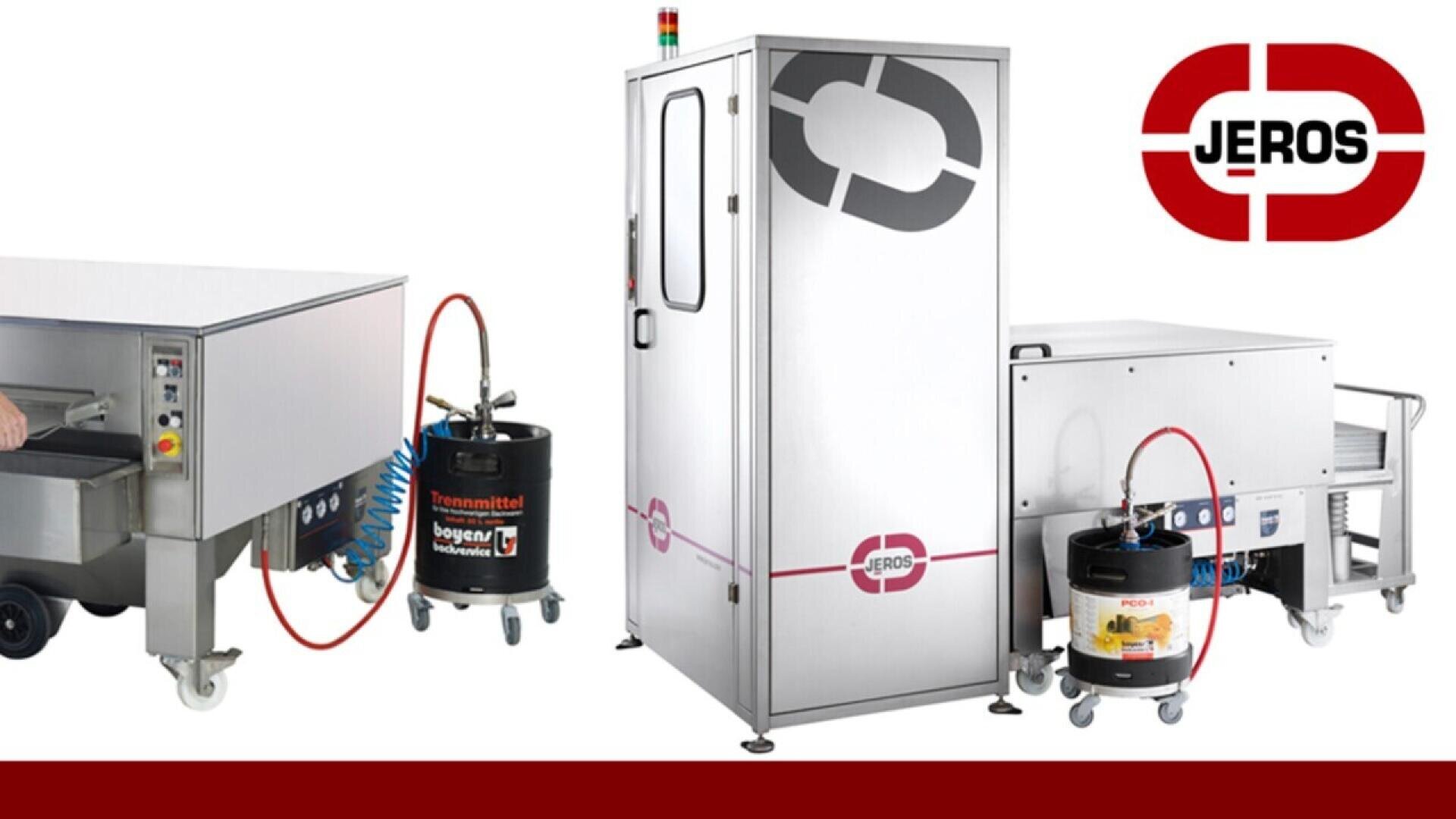 Large industrial cleaning machines on wheels with hoses attached, branded with the Jeros logo, displayed on a white background with the red Jeros logo in the top right corner.