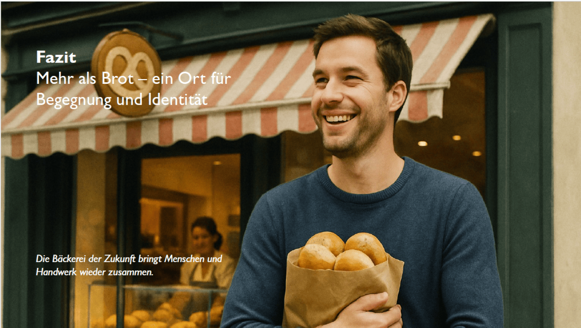 A smiling man stands in front of a bakery holding a paper bag filled with bread rolls. Text in German is overlaid, highlighting the bakery as a place for connection and identity.