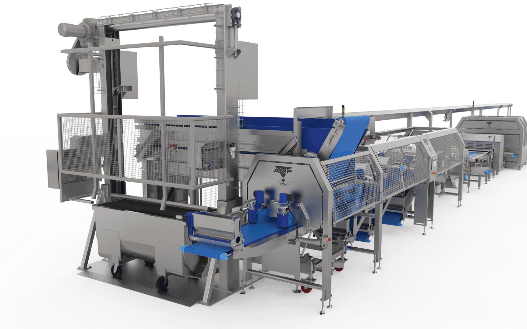 Eine große, industrielle Lebensmittelverarbeitungsmaschine aus Metall mit Förderbändern, Schutzzäunen und blauen Komponenten, die für die automatische Sortierung oder Verpackung in einer Fabrik ausgelegt ist.