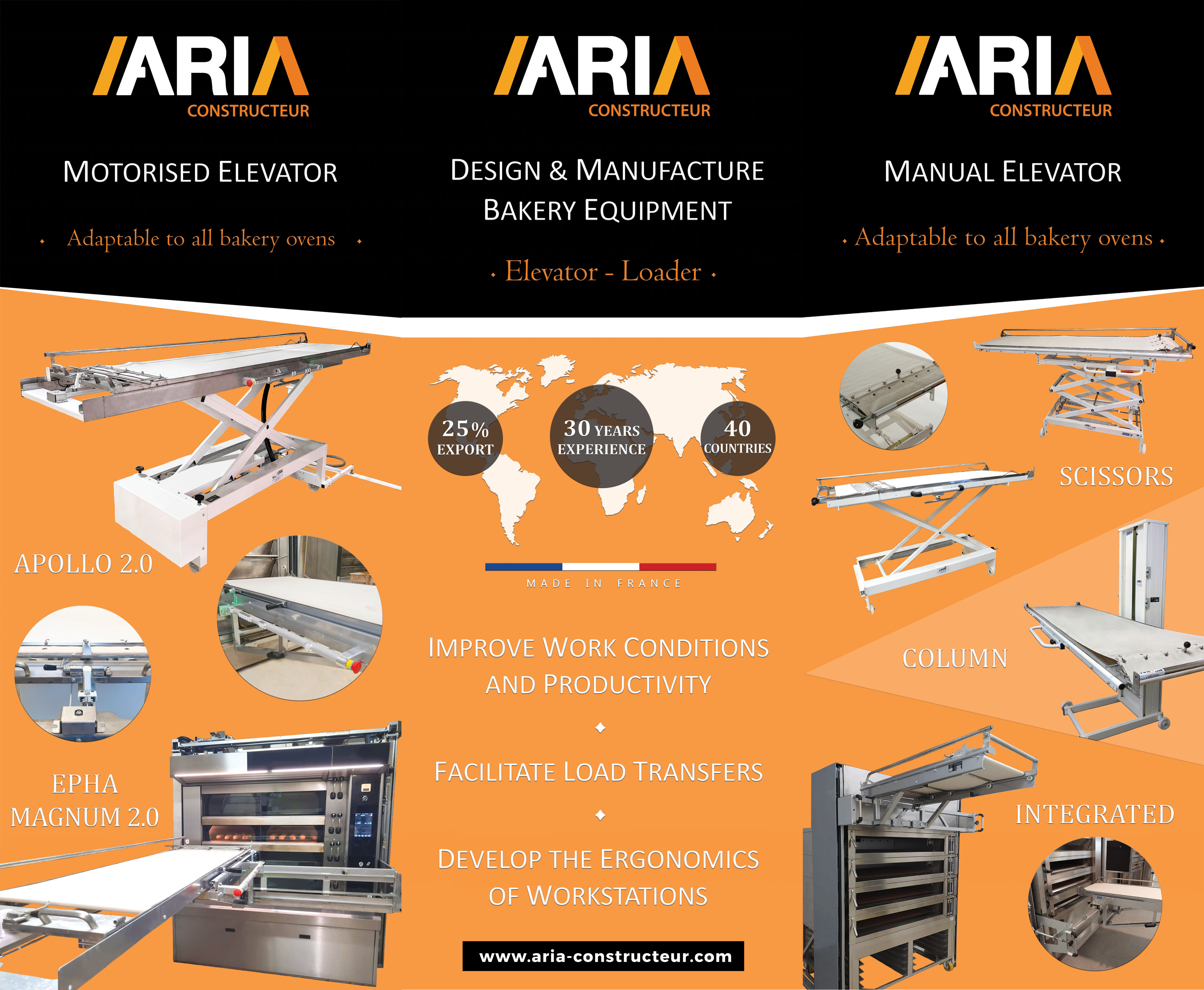 Werbeflyer für ARIA-Bäckereigeräte mit motorisierten und manuellen Aufzügen, mit Produktbildern, Vorteilen und technischen Merkmalen wie Scheren und Säulen, wobei Anpassungsfähigkeit, Ergonomie und Unterstützung bei der Lastübertragung hervorgehoben werden.