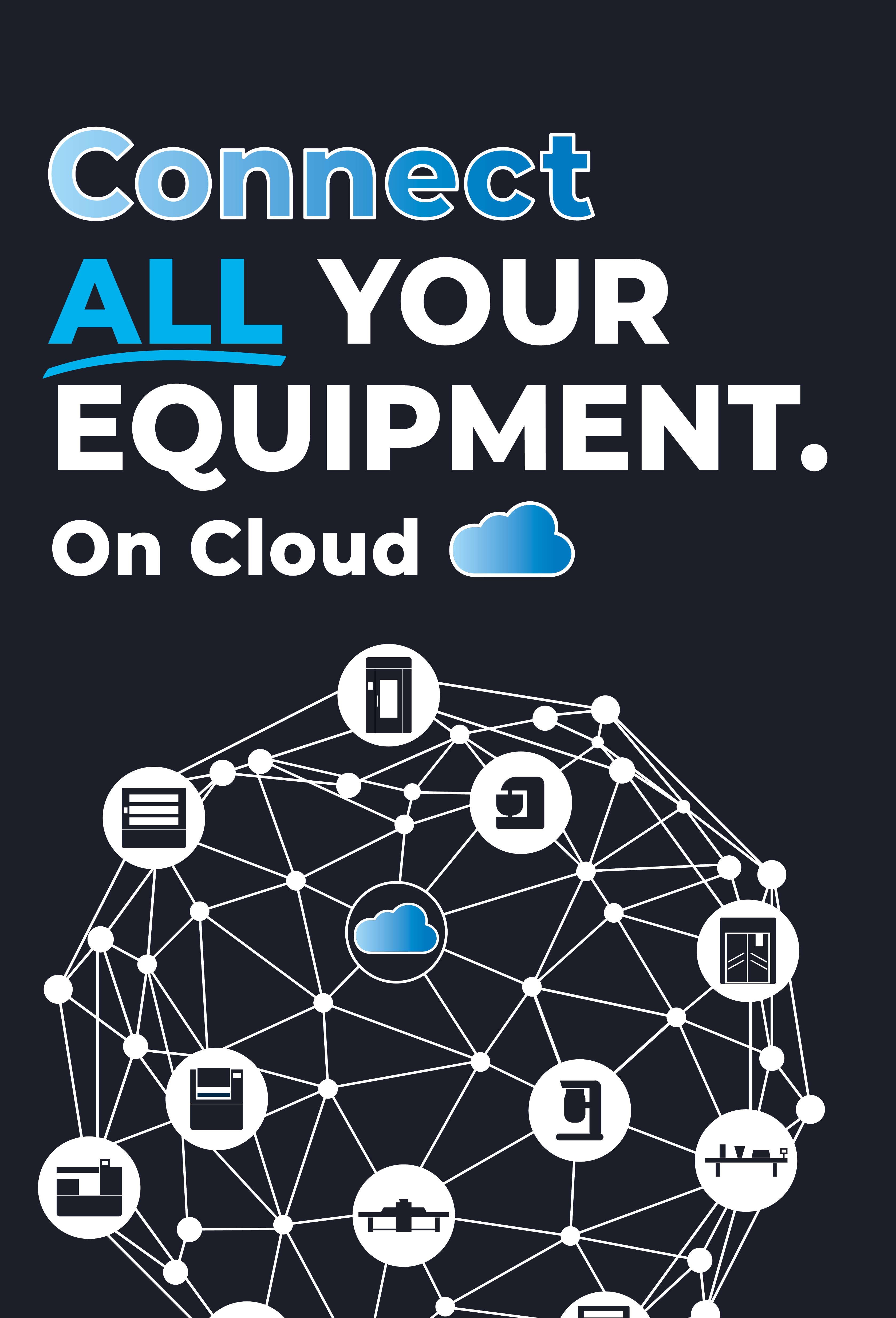 Poster mit dem Text „Verbinden Sie ALLE IHRE GERÄTE. In der Cloud“ über einem Netzwerkglobus mit Symbolen, die verschiedene durch Linien verbundene Geräte darstellen und die Cloud-Konnektivität betonen.
