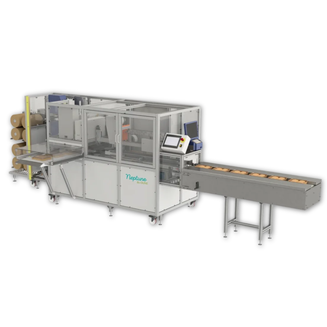 Automatische Verpackungsmaschine mit transparenten Paneelen, Rollen mit Verpackungsmaterial auf einer Seite, Bedienfeld und einem Förderband zum Transport der verpackten Artikel, vor einem schwarzen Hintergrund.