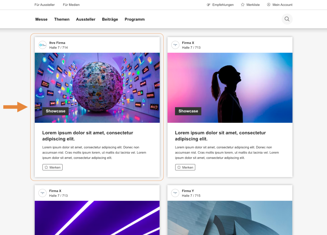 A website with event maps. The highlighted map shows a colorful, digital globe in a busy room with screens. An orange arrow points to it. The adjacent map shows the silhouette of a woman in purple and blue lighting.