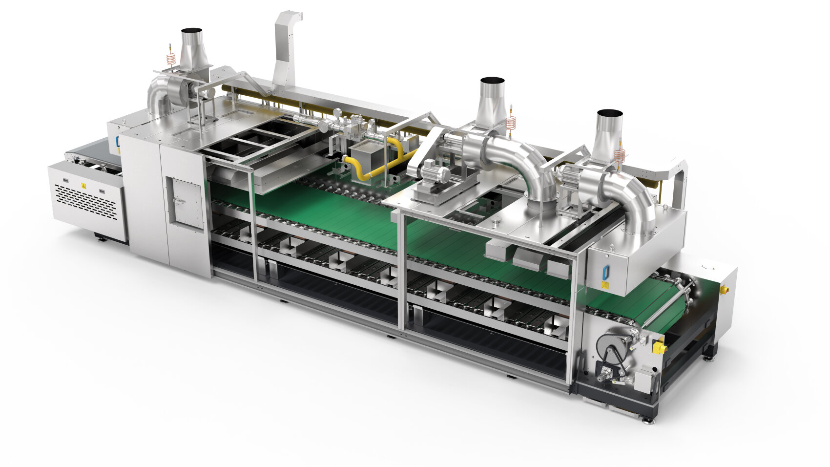 Eine große industrielle Lebensmittelverarbeitungsmaschine mit mehreren Metallkomponenten, Förderbändern, Belüftungsrohren und Bedienfeldern, die für die automatisierte Produktion in einer Fabrikumgebung konzipiert ist.